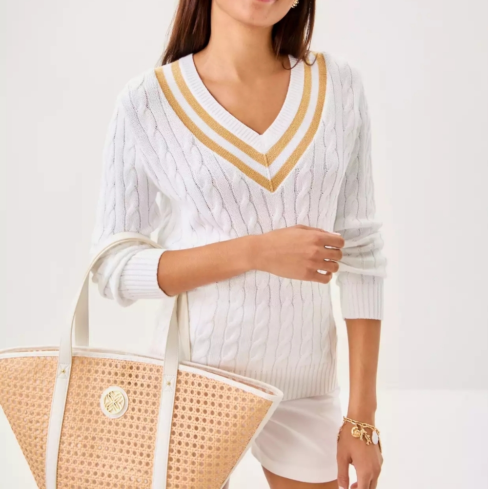 Lilly Pulitzer Brockton Sweater White Gold Cableknit S V Neck Preppy